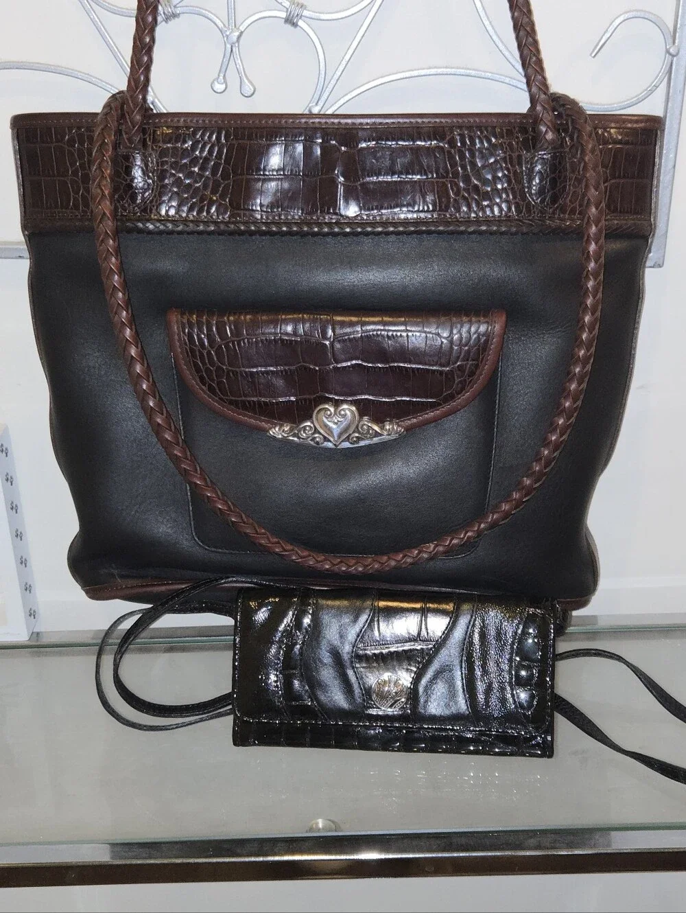 Vtg Brighton Leather Tote Shoulder Bag & Crossbody Wallet Purse Bundle Set Black
